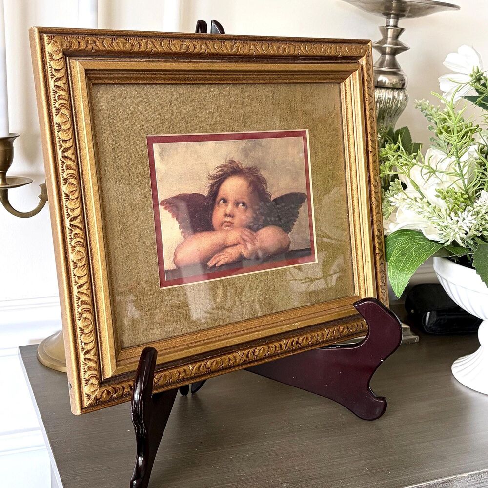 1990s Raphael Cherub Angel Framed Art Print Ornate Gold Frame Renaissance Whimsi